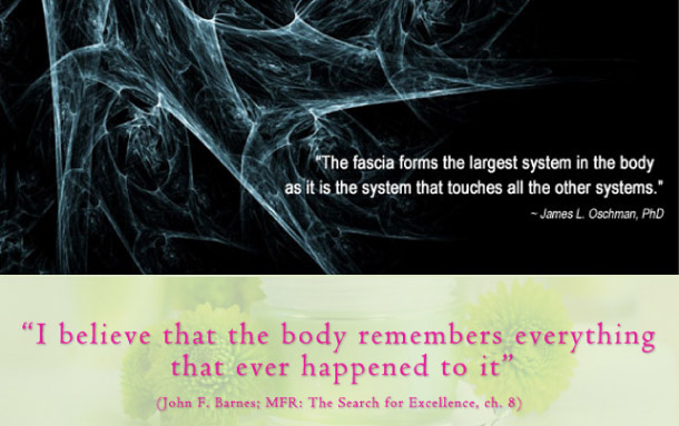 The fascia forms the largest system in the body as it touches all other systems ; The body remembers everything that ever happened to it ; John F. Barnes - Fascia system
